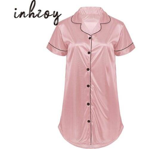 Women Night Dress Sleepshirts Summer Solid Color Lounge Home Clothes Turn-Down Collar Short Sleeve Button Pocket Shirt Nightwear
