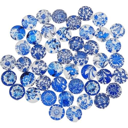 6 8 10 12 15mm Mixed Pattern Blue and white Porcelain Round Glass Cabochon Flatback Cabochons Jewelry DIY Findings Components