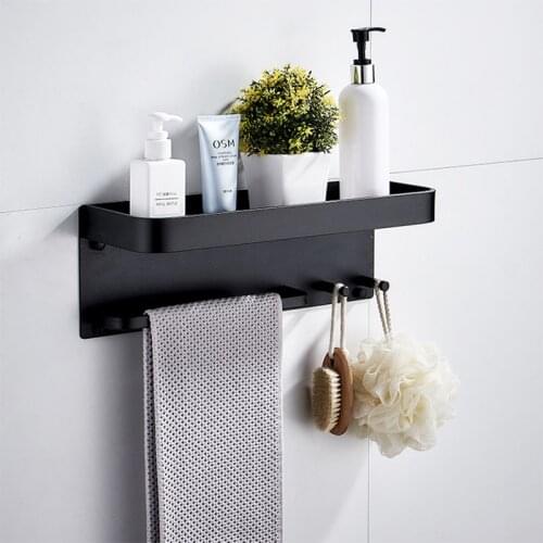 Bathroom Shelf Aluminum Black Corner Shelf Square Bath Shower Holder Wall Mounted Storage Organizer Rack With Hooks & Towel Bar