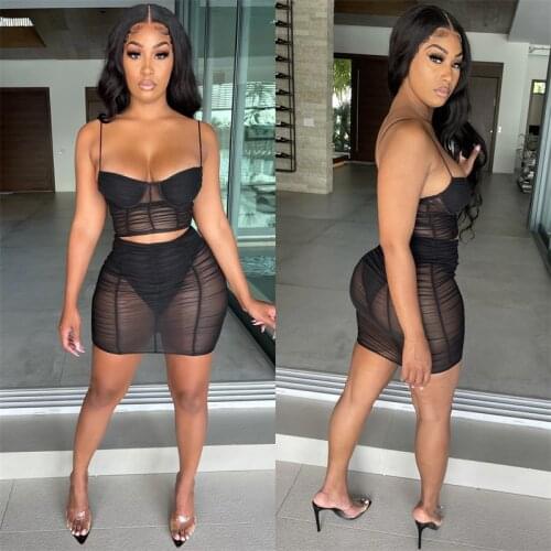 CHRONSTYLE Women Sexy Mesh Patchwork Bodycon 2 Piece Ruched Skirts Set Spaghetti Strap Tank Crop Tops Summer Mini Skirts Outfits