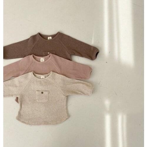 7023 Kids Clothes T Shirt Or Pant Baby 2021 Spring Autumn Boys And Girls Baby Pure Color Waffle T-shirt Tops with Pocket Or Pant