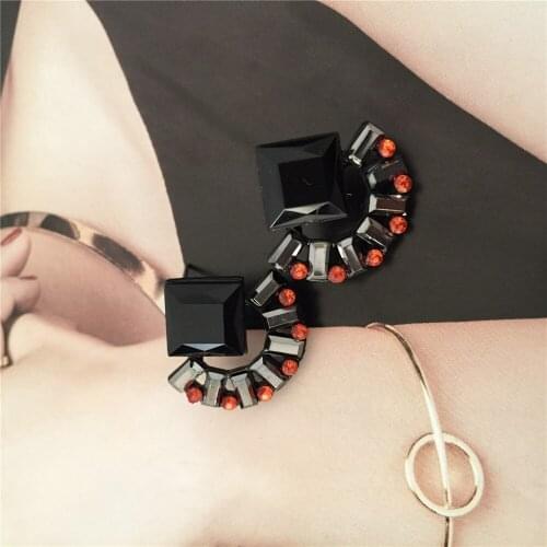 Classic Fan Shape Clear Hematite Square Stone with Bagguette Charm Stud Earrings For Women Girl