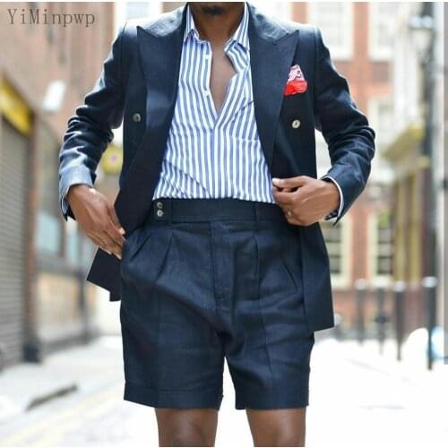 Summer Dark Navy Men Suits Peaked Lapel Double Breasted Prom Suits Coat Short Pant Costume Mariage Homme 2 Piece Wedding Suits