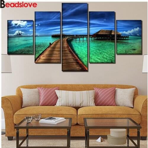 Maldives tourism Blue Sea Square Round Drill Mosaic Diamond Painting Cross Stitch DIY 5D Full Embroidery 5 pcs wall decor