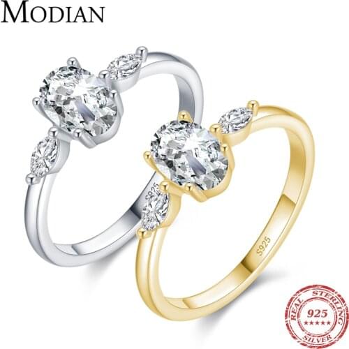 Modian 2021 Real 925 Sterling Silver Oval Clear Cubic Zirconia Classic Charm Dazzling Finger Rings For Women Wedding Jewelry