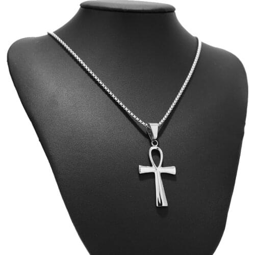 Mens Stainless Steel Coptic Ankh Cross Religious Pendant Necklace, 23.6" box link Chain