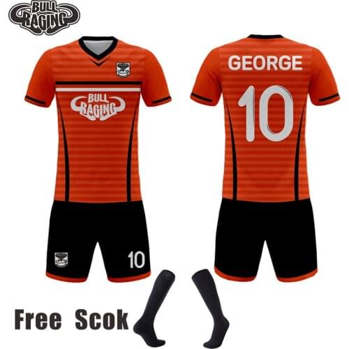 Orange black design custom made your team soccer jersey uniform sublimation football shirt free sock