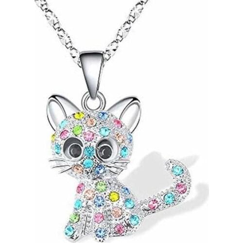 New Cute Cat Pendant Necklace Colorful Crystal Cartoon Animal Necklaces Christmas Gift Rhinestone Necklace Trendy Jewelry Gift
