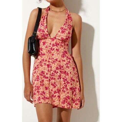 Bazaleas Floral Sleeveless Hung One-piece Dress Vintage Women Backless Dresses