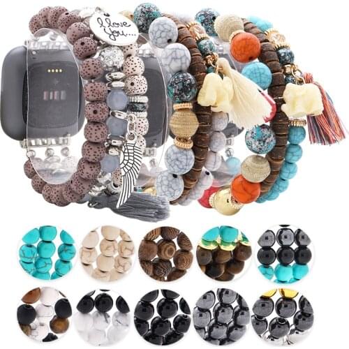 Bohemian Wings Heart Tassle Watch Strap For Fitbit Versa/Versa 2/Versa Lite Smart Watch Natural Stone Elastic Handmade Watchband