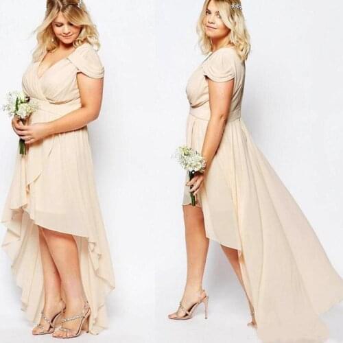 Champagne Nude Chiffon High Low Country Bridesmaid Dresses Plus Size V-neck Short Sleeve Junior Maid of Honor Guest Dress