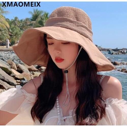XMAOMEIX Foldable Womens Panama Hat Big Eave Sun Hats New Summer Female Beach Hat Wind Rope Fixed Women Travel Sunscreen Hat