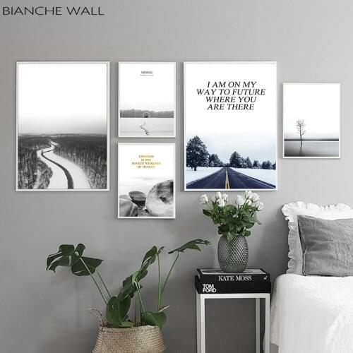 Inspirational Winter Lake Road Scenery Canvas Painting Poster Nordic Style Landscape Wall Art Print Picture for Living Room