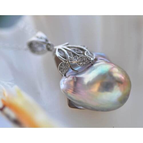 Z10386 34mm Peacock-Lavender Baroque Keshi Pearl Leaf White gold-plating CZ Pendant