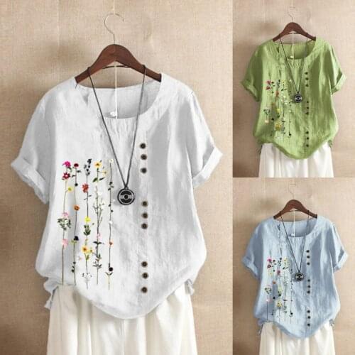 4# 3xl Plus Size Summer Tops Blouses Women Bohemian Floral Embroidered Shirt Short Sleeves Top Blouse Cotton Linen Tunic Tops