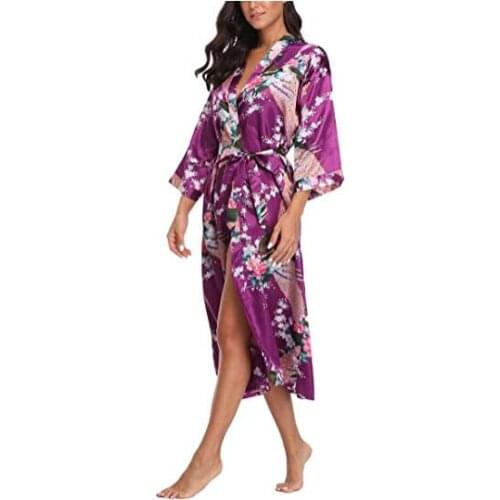 Sexy Lounge Casual Nightdess For Women Sleepwear Female Loose Print Flower Kimono Bathrobe Royal Blue Long Robe Gown With Belt