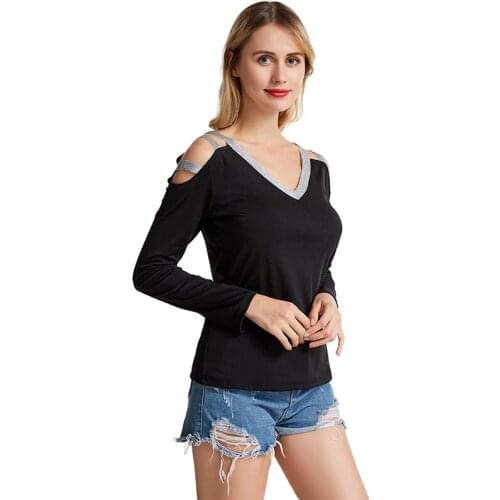 Women Sexy Sequin Shirts Slim Cutout Sparkly Off Shoulder Long Sleeve Shirt Lady V-Neck Casual Tops for Female