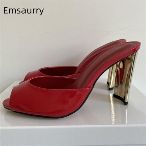 Novelty Strange Heel Peep Toe Runway Mules Lady Sexy Peep Toe Patent Leather Slip-on Lazyman Summer Sandals Women
