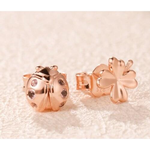 Original S925 Sterling Silver Pan Earring Rose Golden Clover And Ladybug Earrings For Women Wedding Gift Fashion Jewelry