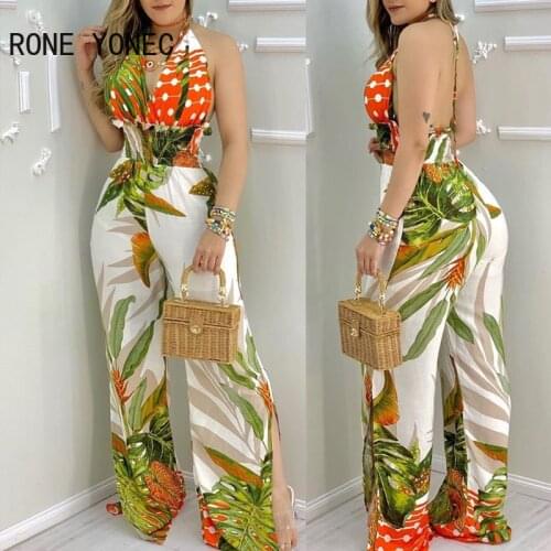 Women Outfits Tropical Print Backless Shirring Detail Jumpsuit Women Summer Jumpsuit