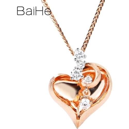 BAIHE Solid 14K Rose+White Gold Total 0.15ct Natural Diamonds Women Trendy Fine Jewelry Wedding beautiful Heart Gift Pendant