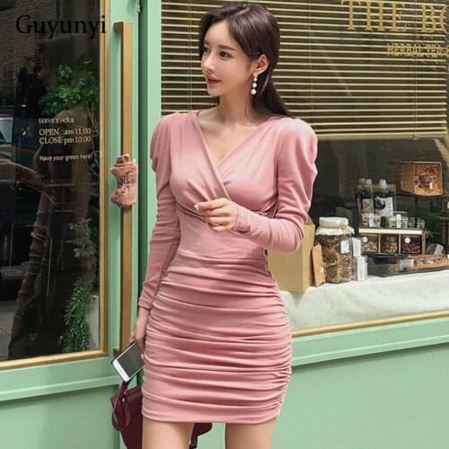 Pink Sexy Club Dress 2020 Autumn Winter Skinny High Waist Mini Dress V-Neck Long Sleeve Fold Elegant Party Dress Women