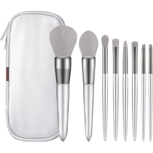 8 Pcs Makeup Brush Set Storage Bag Man-made Fiber Wooden Handle Blush Brush Loose Powder Highlighter Eyeliner Eyebrow Brush