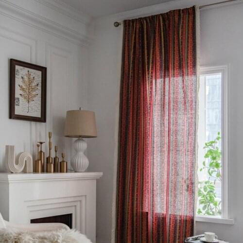 American Bohemian Red Striped Curtain Sunflower Cotton Linen White Lace Edge Bedroom Study Semi-Transparent Bay Window Curtain