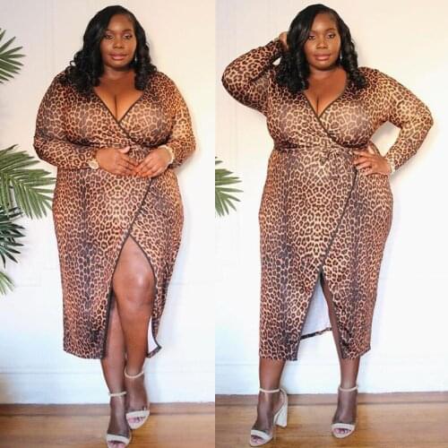Large Size Women Deep V-neck Sexy Leopard Print Hem Split Sexy Dress Sexy Party Night Club Dress 2020 Sex Plus Size Skirt 4XL