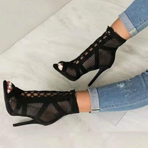 Lace Up Cross-tied Peep Toe High Heel Ankle Strap Net Surface Hollow Out Sandals Fashion Mesh Boots Party Overalls Dress Shoes