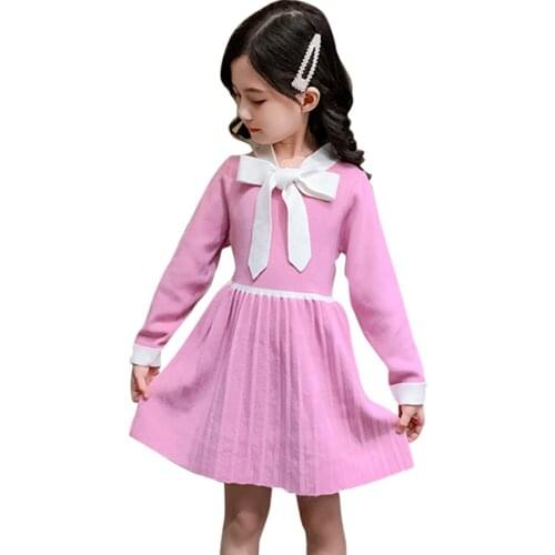 Kids Knitted Dresses For Girls Bow Sweater Dress For Girl Patchwork Children Dress Casual Style Girls Clothing