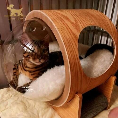 Wooden Cat Space Capsule Cat Bed，Large Transparent Cat House Set ，Toy Furniture for Cat Supplies，House for Cats