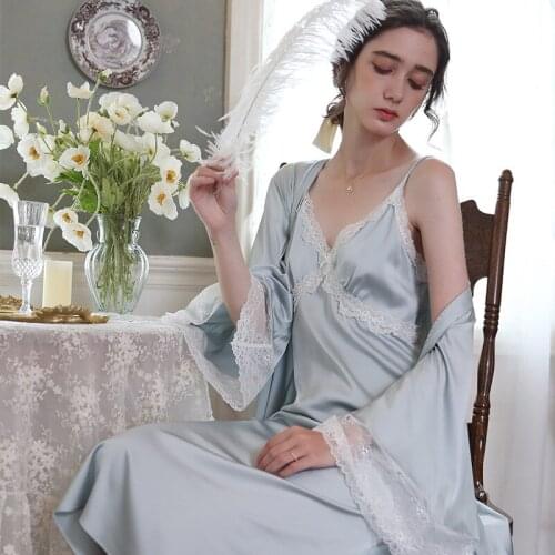 Bride Dressing Kimono Gown 2PCS Rayon Robe Sets Sexy Lace Floral Trim Nightgown Knee-Length Bathrobe Sleepshirt Women Home Skirt