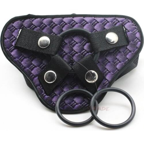Smspade HN-2003 purple PU unisex dildo strap on harness with three different size rings adjstable size for sex play