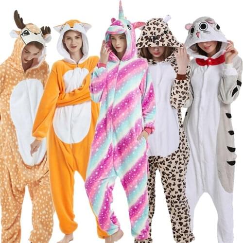 2020 Winter Women Men Unisex Adult Cute Cartoon Onesie Animal Pajamas Kigurumi Unicorn Cat Bear Flannel Nightie Sleepwear