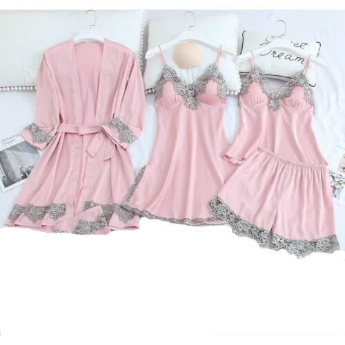 4PCS Silk Satin Lace Sexy Lingerie Nightgowns Robes Sets for Women 2020 Summer Bathrobe Sleepwear Nightdress Night Dress Nighty
