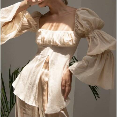 Fashion Womens Pleated Flare Sleeve Blouses Square Neck Front Split Irregular Female Solid Blouse 2021 Spring Lady Casual Tops