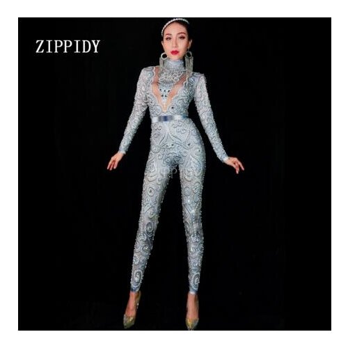 Fashion 3 Colors Crystals Pearls Dresses Sexy Spandex Women Singer Jumpsuit Costumes Outfit Birthday Celebrate Evening Dress