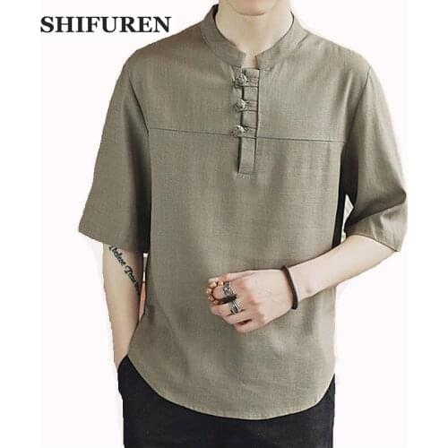 SHIFUREN 2019 New Spring Men Causal Shirts Short Sleeve Mandarin Collar Breathable Linen & Cotton Vintage Male Social Shirts