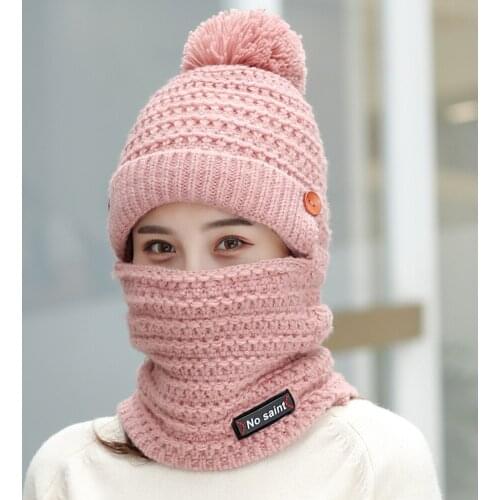 BADAMANA New Velvet Knitted Hats With Bib Women Cycling Warm Beanie Skullies Hat Female Integrated Winter Outdoor Wool Caps