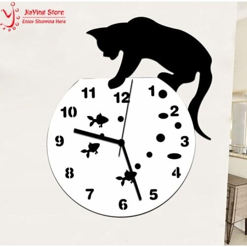 New Acrylic Fish Wall Clock Quartz Art Family Decor Smart Home Decorations Black Cat Wall Clocks Vintage Saat Clock