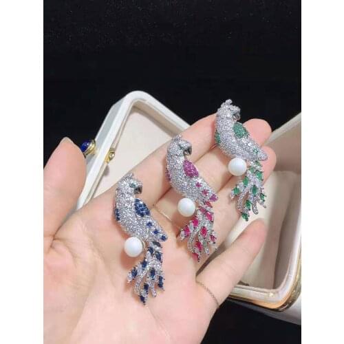 New womens White Pearl Golden plated Mixed Color Cz micro parrot brooch