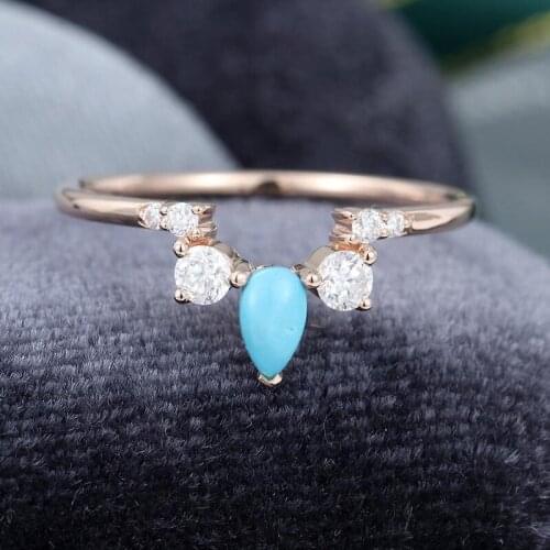 EDI Pear Shaped Turquoise Wedding Band 14k Rose Gold Curved Wedding Band Moissanites Stacking Matching Ring For Women