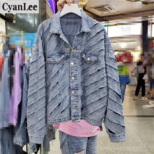 Cyanlee 2020 Autumn Ladies Fashion All-match Long-sleeved Plus Size Lapel Single-breasted Bright Diamond Denim Jacket Women