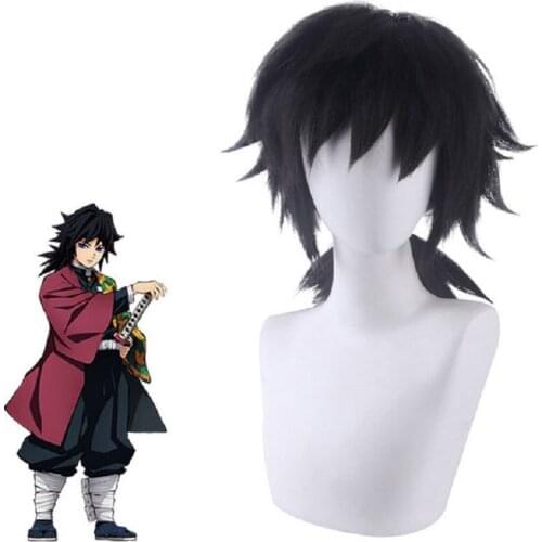 Demon Slayer Kimetsu no Yaiba Tomioka Giyuu Nature Black Heat Resistant Cosplay Costume Wigs + Wig Cap