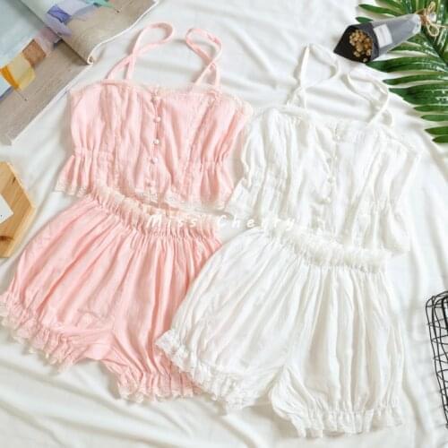 Sexy Cute Womens Cotton Lace Trim Suspender Vest & Shorts Pajamas Set Sleepwear Underwear White & Pink