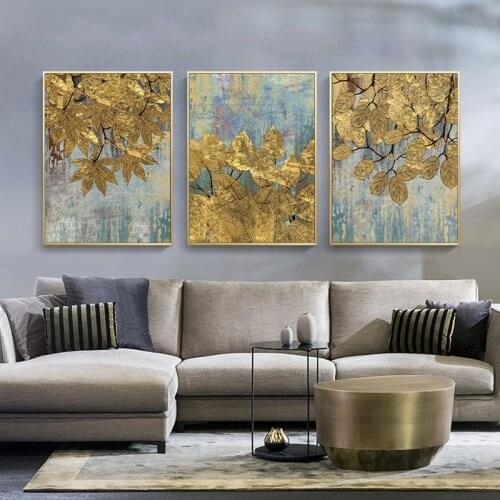 Scandinavian Style Golden Leaf Canvas Art Posters and Print Nordic Plants Wall Art Decorative Pictures For Living Room