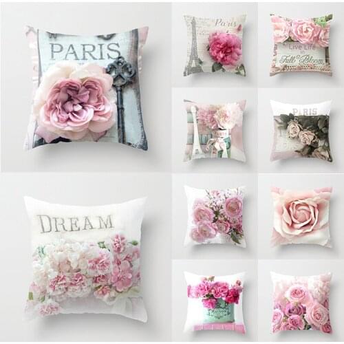 Romantic Flower Throw Pillow Case Rose Eiffel Tower Cushion Covers for Home Sofa Chair Decorative Pillowcases Set