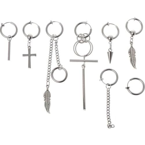 8 Pcs/Set Earrings Unisex Women Men Hip Hop Fashion Popular Pendant Simple Stainless Steel Charms Gifts Party Dangle Decoration