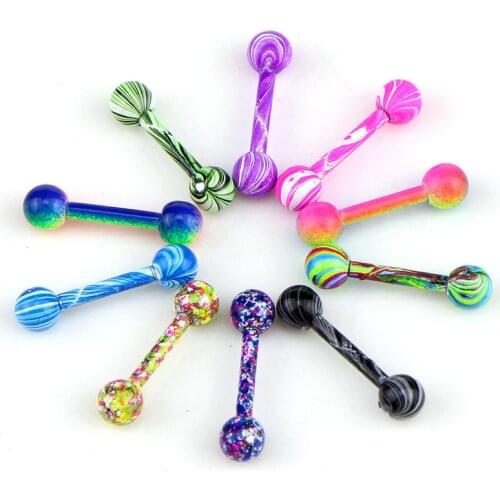 10PCs 3mm Candy Color Random Stainless Steel Acrylic Ball Tongue Bars Ring Ear Nail Clasp Ear Bone Barbell Body Piercing Jewelry